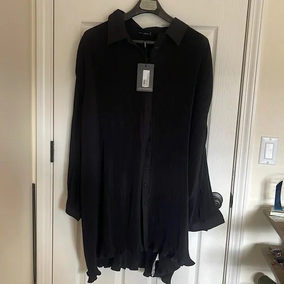 black shirt dress pretty little thing boohoo Women's Petite Trim Detail T-Shirt Dress in Black